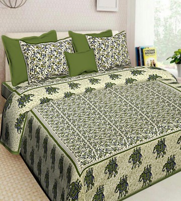 RAJDEVI JAIPUR PRINTS 251 TC Cotton Double, King Printed Fitted & Flat Bedsheet(Pack of 1, Green)