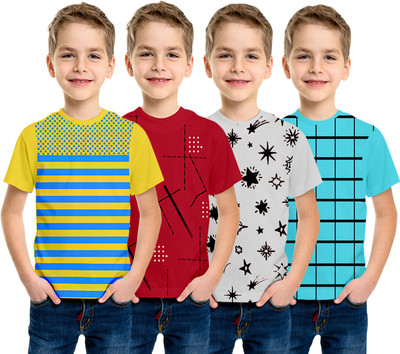 Luke and Lilly Boys Checkered, Printed, Striped Cotton Blend Regular T Shirt(Multicolor, Pack of 4)