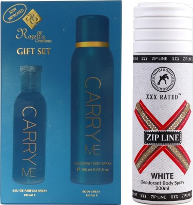 Carry Me Blue Gift Set & XXX Rated Zipline White Body Spray  -  For Men & Women(450 ml, Pack of 3)