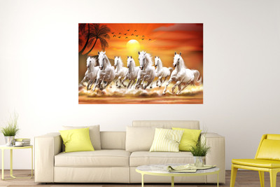 Masstone Vastu Seven Running Horses Sparkle Coated Digital Reprint 24 inch x 36 inch Painting(Without Frame)