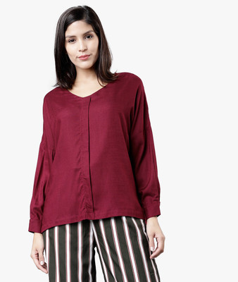 Tokyo Talkies Casual Full Sleeve Solid Women Maroon Top