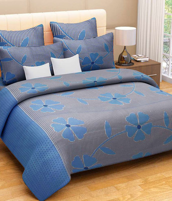 Durga 144 TC Polycotton Double 3D Printed Flat Bedsheet(Pack of 3, Blue)