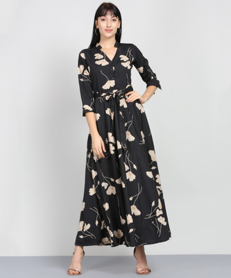 Tokyo Talkies Women Fit and Flare Black, Beige Maxi/Full Length Dress