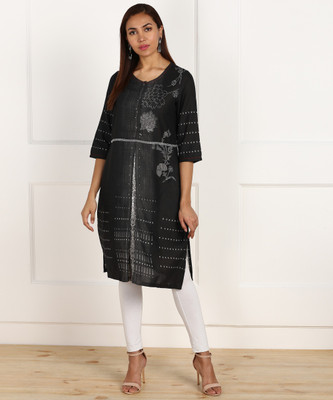 W Women Printed Straight Kurta(Grey)