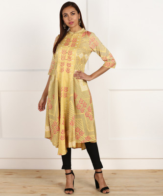 W Women Printed Flared Kurta(Yellow)
