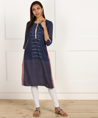W Women Striped Straight Kurta(Blue)