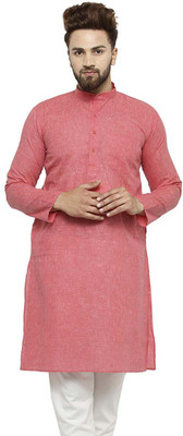 Over Crowd Men Solid Straight Kurta(Red)