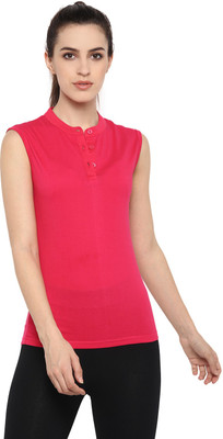 Ap'pulse Solid Women Mandarin Collar Pink T-Shirt
