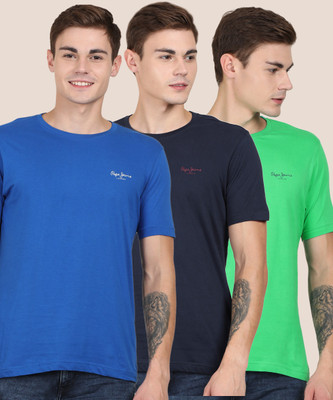 Pepe Jeans Solid Men Round Neck Blue Green T-ShirtPack of 3