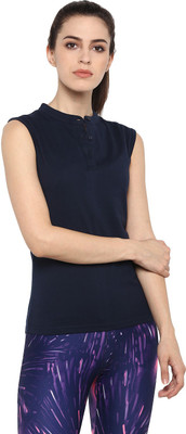 Ap'pulse Solid Women Mandarin Collar Dark Blue T-Shirt