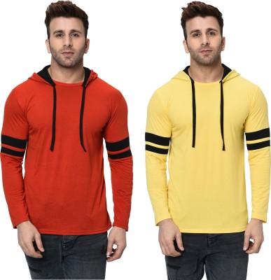 Unite Wear Striped Men Hooded Neck Red, Yellow T-Shirt