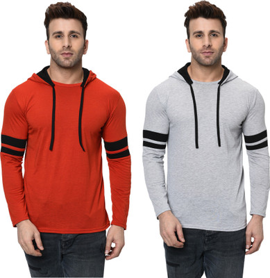 Behemoth Striped Men Hooded Neck Red, Grey T-Shirt(Pack of 2)