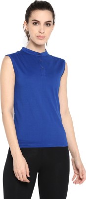 Ap'pulse Solid Women Mandarin Collar Blue T-Shirt