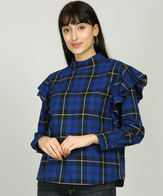 Tokyo Talkies Casual Regular Sleeve Checkered Women White, Blue, Black Top