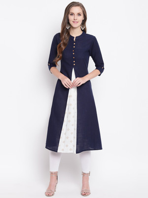 Stylum Women Self Design A-line Kurta(Dark Blue, White, Gold)