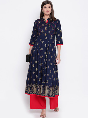 Stylum Women Printed Flared Kurta(Blue)