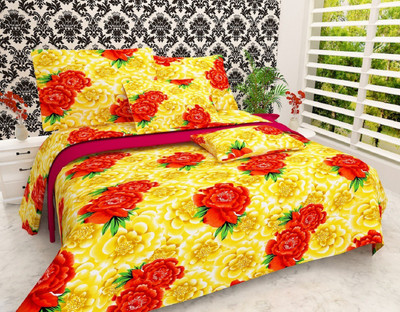 Shreejee 140 TC Polycotton Double 3D Printed Flat Bedsheet(Pack of 1, Yellow, Red)