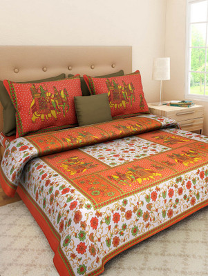 E ELMA 144 TC Cotton Double Jaipuri Prints Flat Bedsheet(Pack of 1, Multicolor)