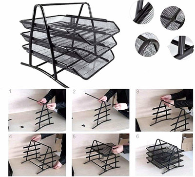 VDNSI 3 Compartments Metal 3 Tier Mesh Metal Desk Organiser File Rack Letter Tray A4 Paper Documents Holder(Black)