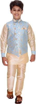 Fourfolds Boys Festive & Party Kurta, Waistcoat and Pyjama Set(Blue Pack of 1)