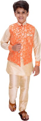 Fourfolds Boys Festive & Party Kurta, Waistcoat and Pyjama Set(Orange Pack of 1)