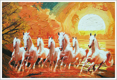 Seven Horses Running on Sunshine Background Vastu Paper Poster Paper Print(12 inch X 18 inch, Rolled)