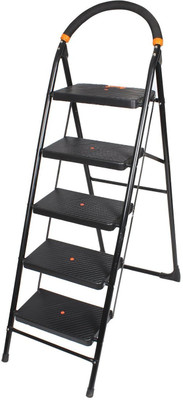 Branco Premium Heavy Foldable Milano 5 Steps Ladder with Wide Steps & Anti-Skid Shoes - Black Steel Ladder (With Platform, Hand Rail) Steel, Plastic Ladder(With Platform, Tool Tray)