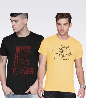 Mode Rebel Printed Men Round Neck Black, Yellow T-Shirt