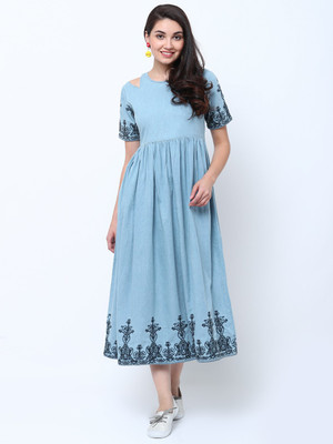 Tokyo Talkies Women Fit and Flare Light Blue Midi/Calf Length Dress