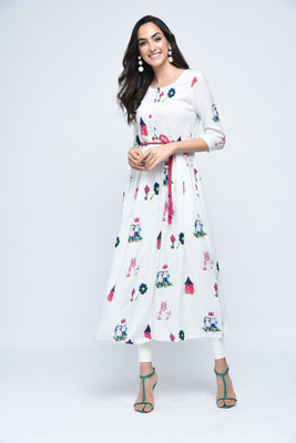 Stylum Women Printed Flared Kurta(White)