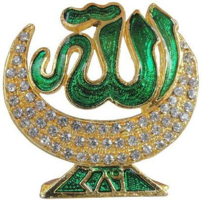 9facts Islamic Religious Symbol Allah Idol in Chand Tara | Crescent Moon Star Idol Green Metal Statue for Car Dashboard | Home Décor | Office Showpiece (L*B*H-6 x 0.3 x 6 Cm) Decorative Showpiece Decorative Showpiece - 6 cm(Brass, Green)