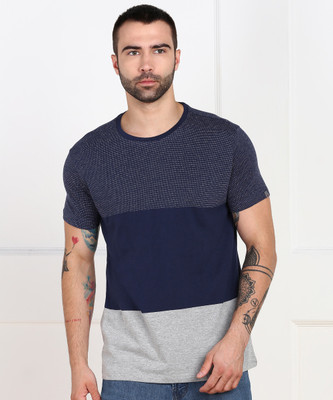 Louis Philippe Jeans Color Block Men Round Neck Blue T-Shirt