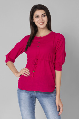 GMI Casual Cuffed Sleeve Self Design Women Pink Top