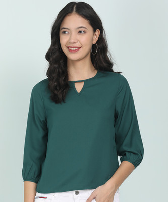 van-heusen-casual-puff-sleeve-solid-women-green-top
