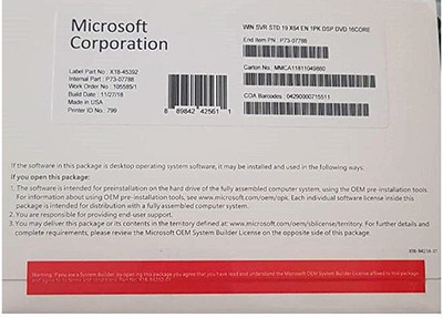 Microsoft Windows Server 2019 Standard 64 Bit DVD 16 Core(Life Time, 1 PC)