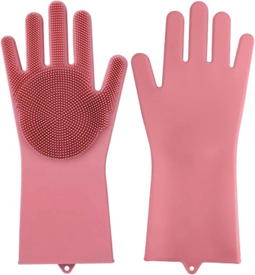 Smile Mom Magic Silicone Reusable Gloves for Dishwashing, Kitchen Cleaning, Utensil Scrubber, Car Washing, Bathroom Cleaner, Pet Grooming (1 Pair, Pink) Wet and Dry Glove(Free Size)