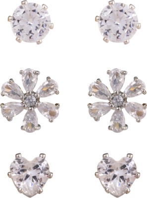 Adorn Combo of 3 Mesmerising Austrian Cubic Zirconia Rhodium Stud Earrings for Women Cubic Zirconia Brass Stud Earring