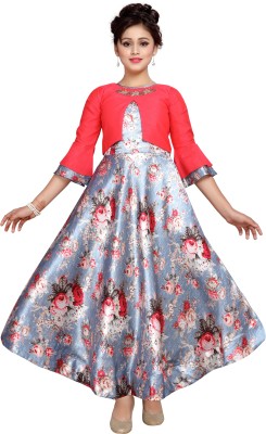 Adiva Indi Girls Maxi/Full Length Party Dress(Pink, 3/4 Sleeve)