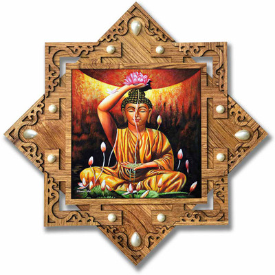 Poster N Frames Hand-Crafted Decorative Style Wooden Frame with photo of Buddha Digital Reprint 16.5 inch x 16.5 inch Painting(With Frame)