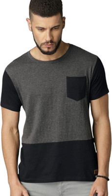 FASHNET Colorblock Men Round Neck Black, Grey T-Shirt