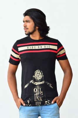 adhithiya Printed, Striped Men Round Neck Dark Blue, Red, Beige T-Shirt