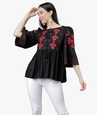 Tokyo Talkies Casual Bell Sleeve Solid Women Black Top