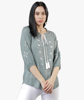 Tokyo Talkies Casual Bishop Sleeve Embroidered Women Green Top