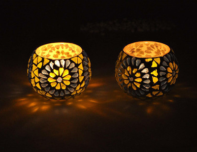 Tied Ribbons Tealight Candle Holder for Home Decor Glass 2 - Cup Tealight Holder Set(Multicolor, Pack of 2)