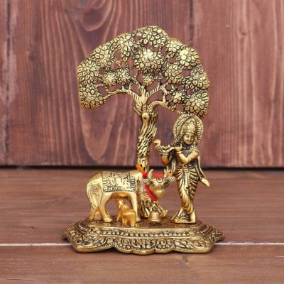 Satya Vipal Oxodise Gold Plated Krishna ji with Cow and Calf Under Tree Decorative Showpiece  -  10 cm(Aluminium, Gold, Black)