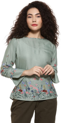 CAMPUS SUTRA Casual 3/4 Sleeve Floral Print Women Grey Top