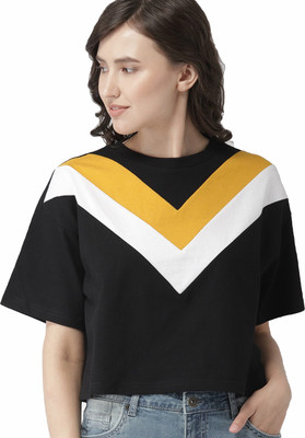 JUNEBERRY Casual Half Sleeve Color Block Women Black Top