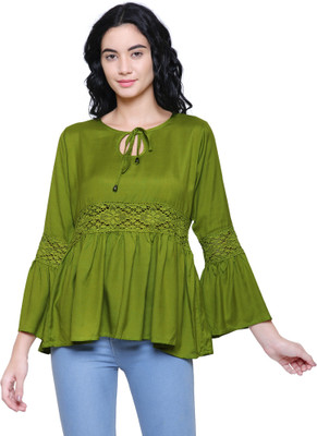 FMC Casual Bell Sleeve Solid, Lace Women Light Green Top