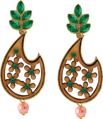 SPARGZ Floral Festive Gold Plated Green Stone & Pearl Dangle Earring Alloy Drops & Danglers