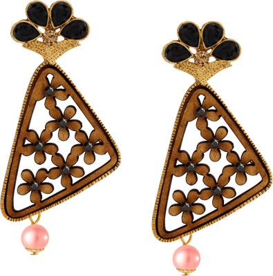 SPARGZ Floral Festive Gold Plated Black Stone & Pearl Dangle Earring Alloy Drops & Danglers
